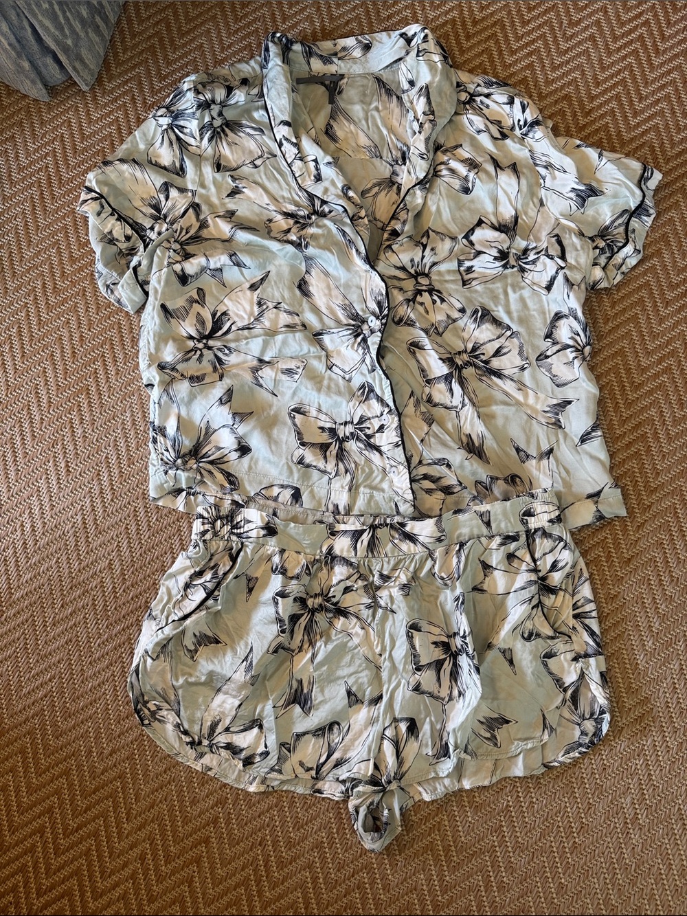 Anthropologie Floral Mint and Black Short Pajama Set